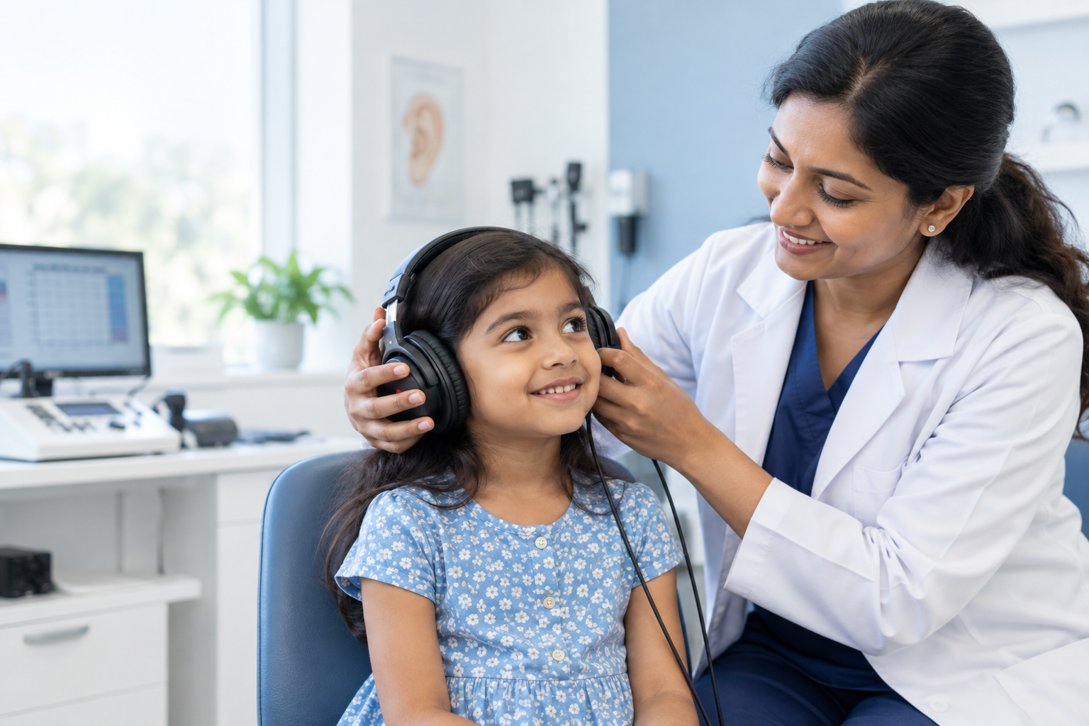Audiologist conducting a child's hearing assessment